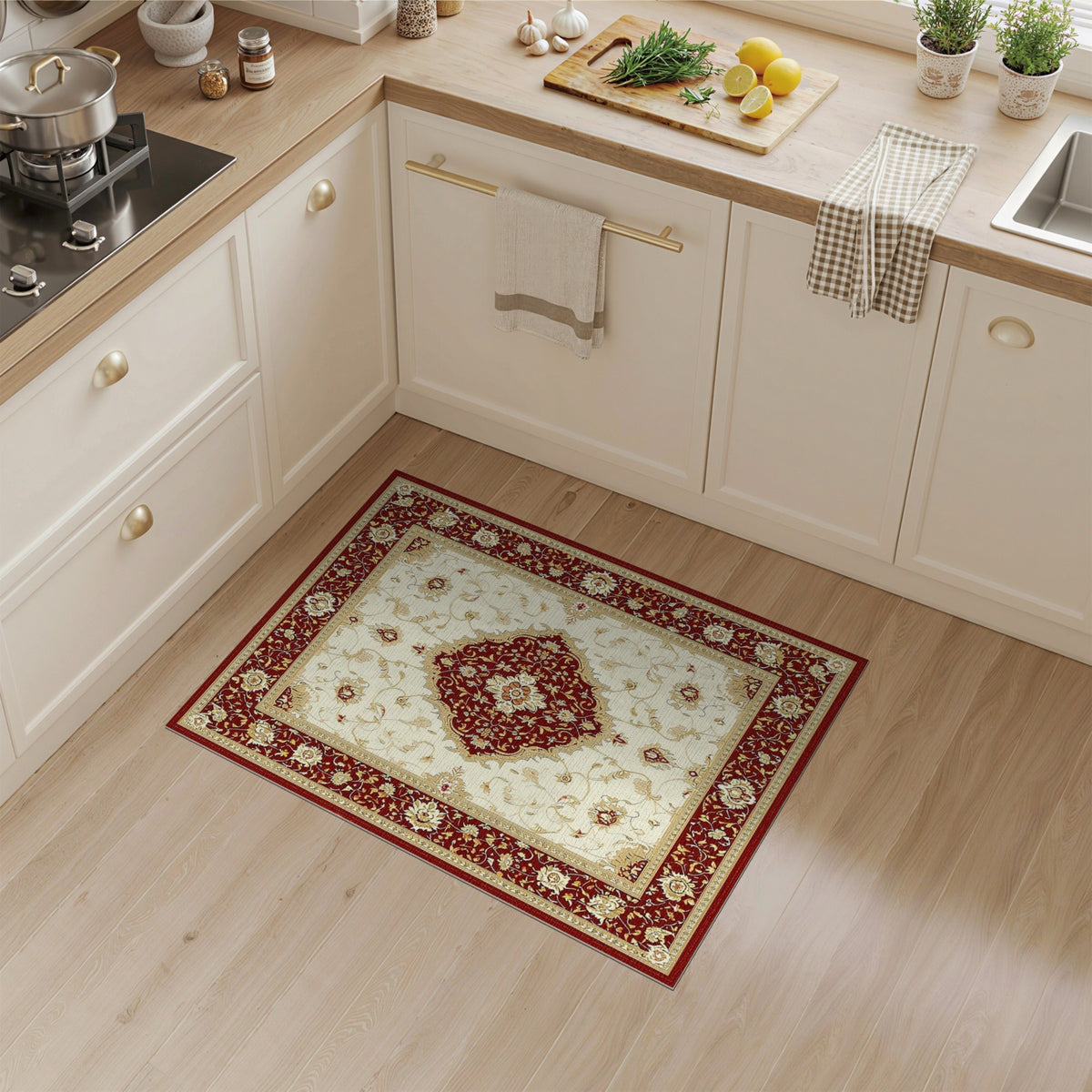 Red Persian Floral Area Rug with Ivory Center