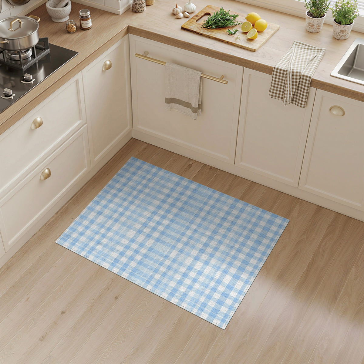 Light Blue Gingham Checkered Area Rug