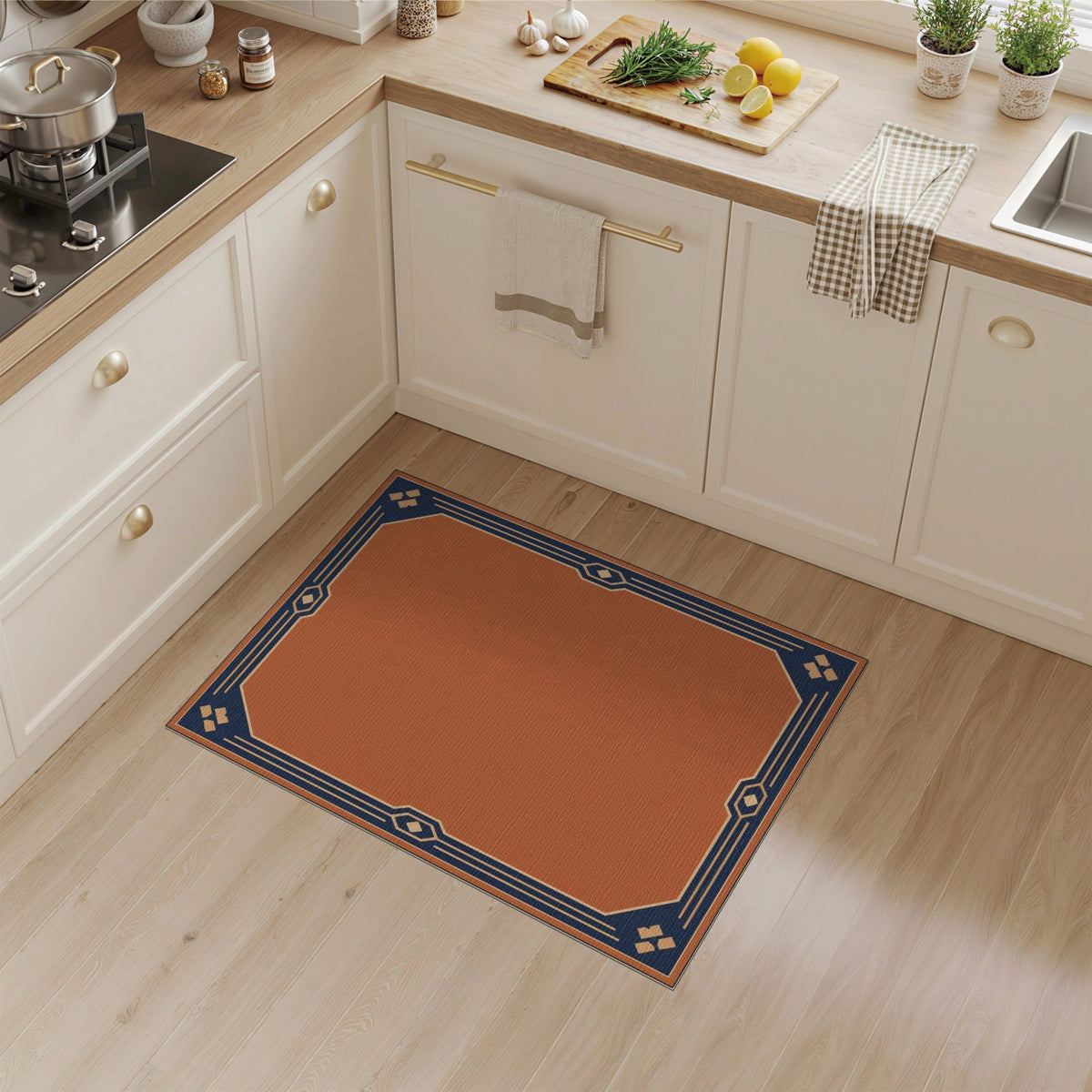 Terracotta Orange Navy Geometric Border Rug