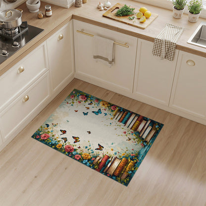 Vintage Floral Books Butterfly Area Rug