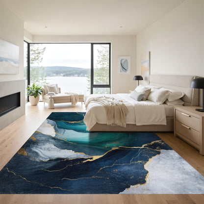 Fluid Teal Gold Marble Rug