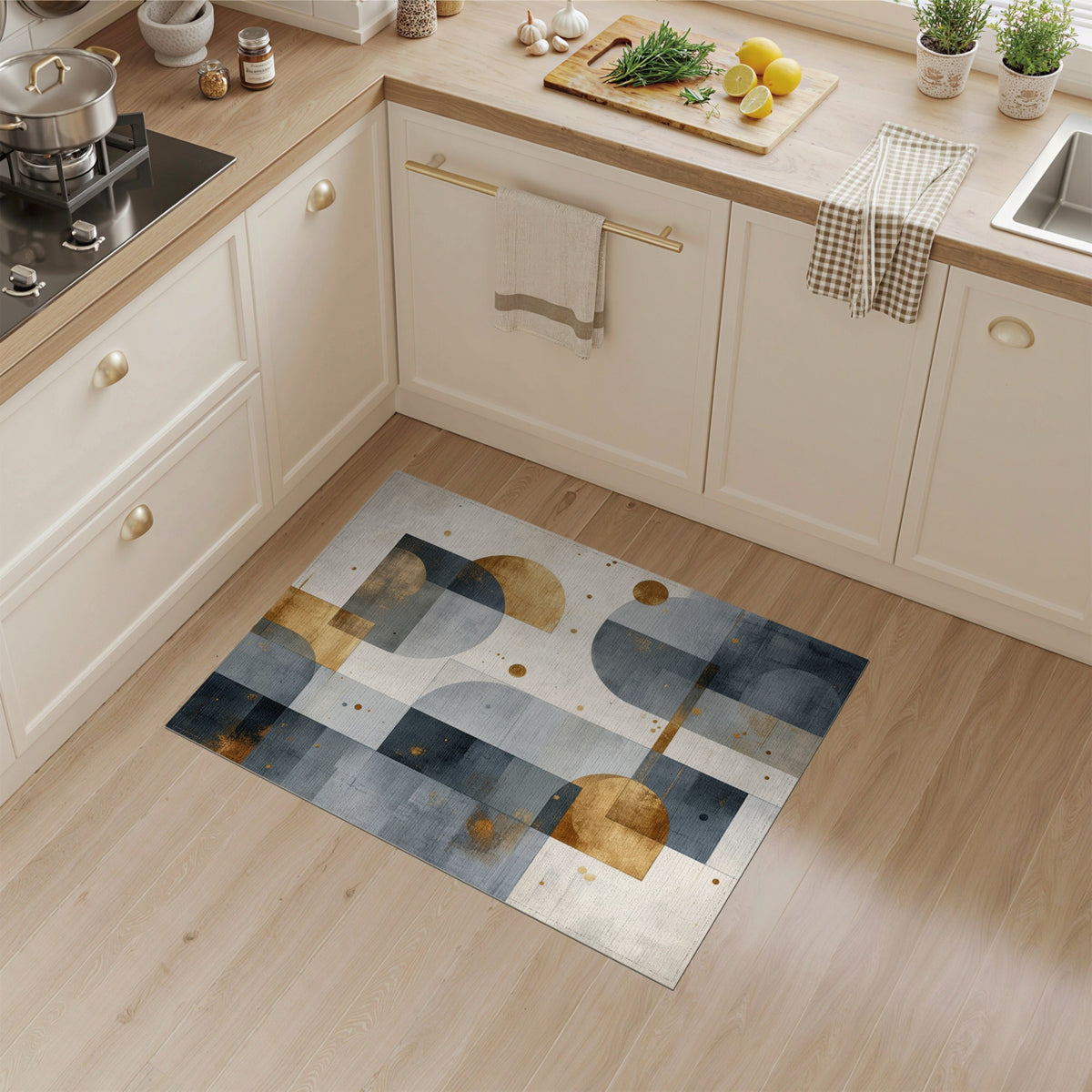 Geometric Blue Grey Gold Area Rug