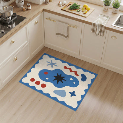 Abstract Blue Star Area Rug with Wavy Border