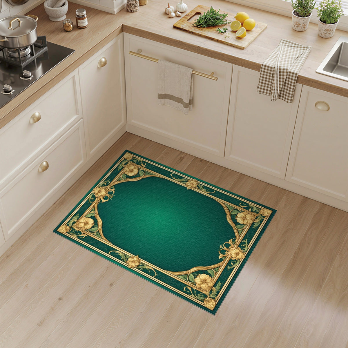 Emerald Green Floral Vintage Area Rug