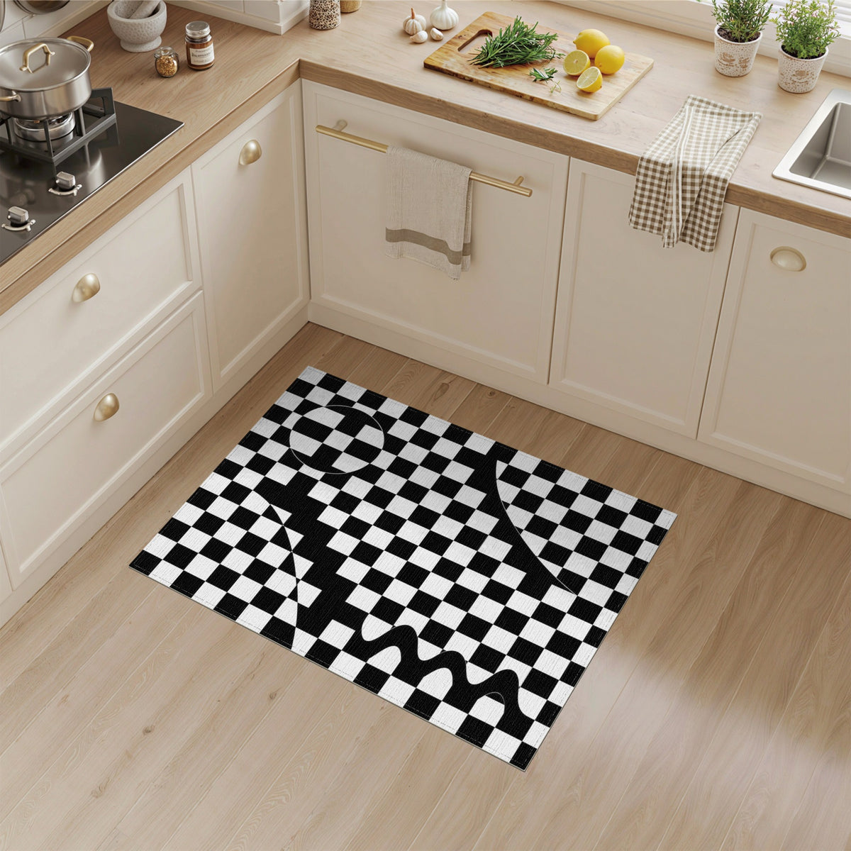 Black White Geometric Checkerboard Wave Area Rug