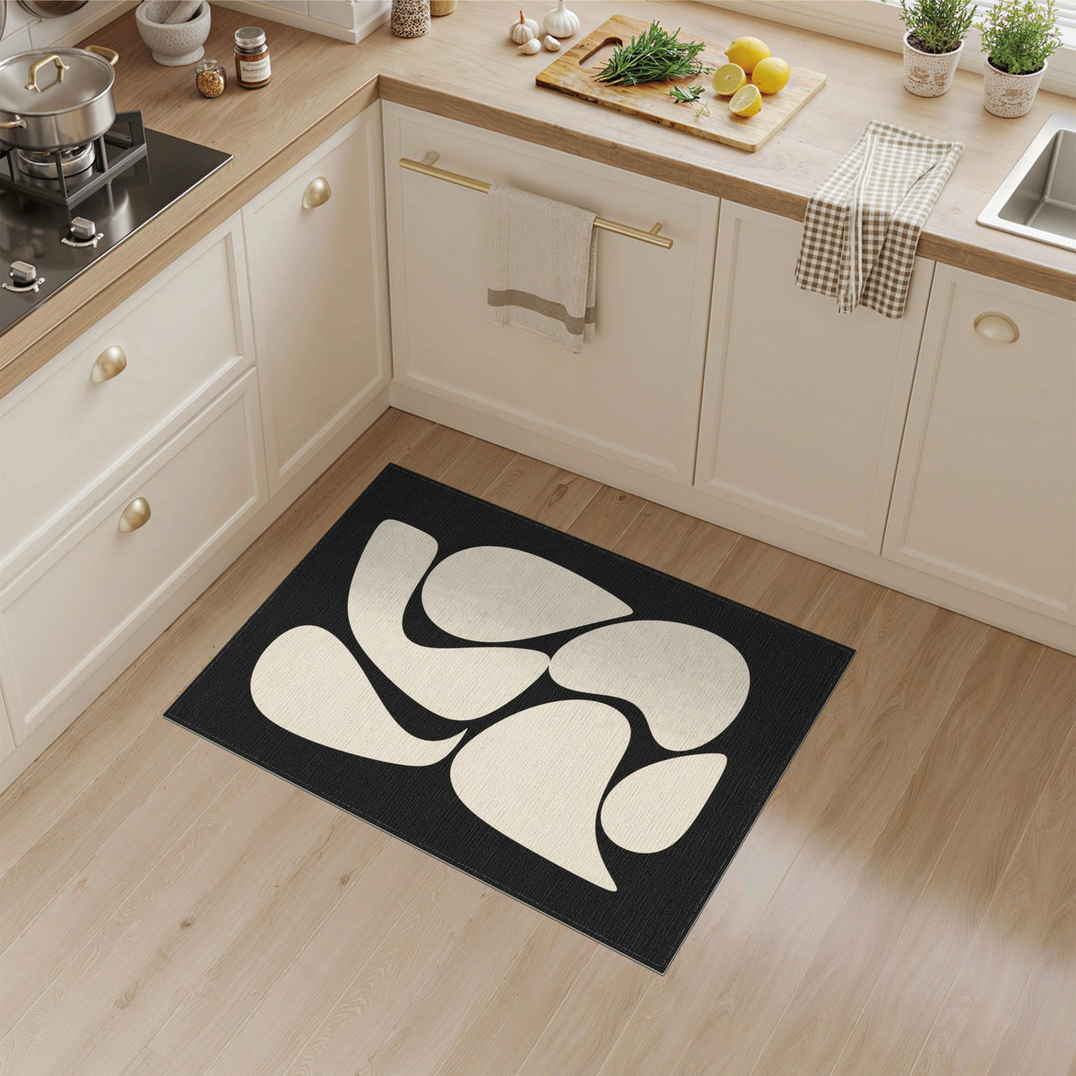 Black and White Abstract Organic Shapes Black White Area Rug