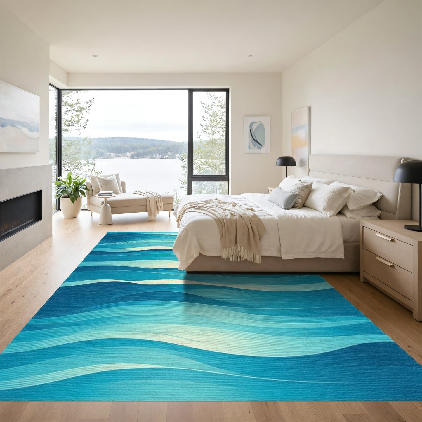 Abstract Blue Layered Waves Rug