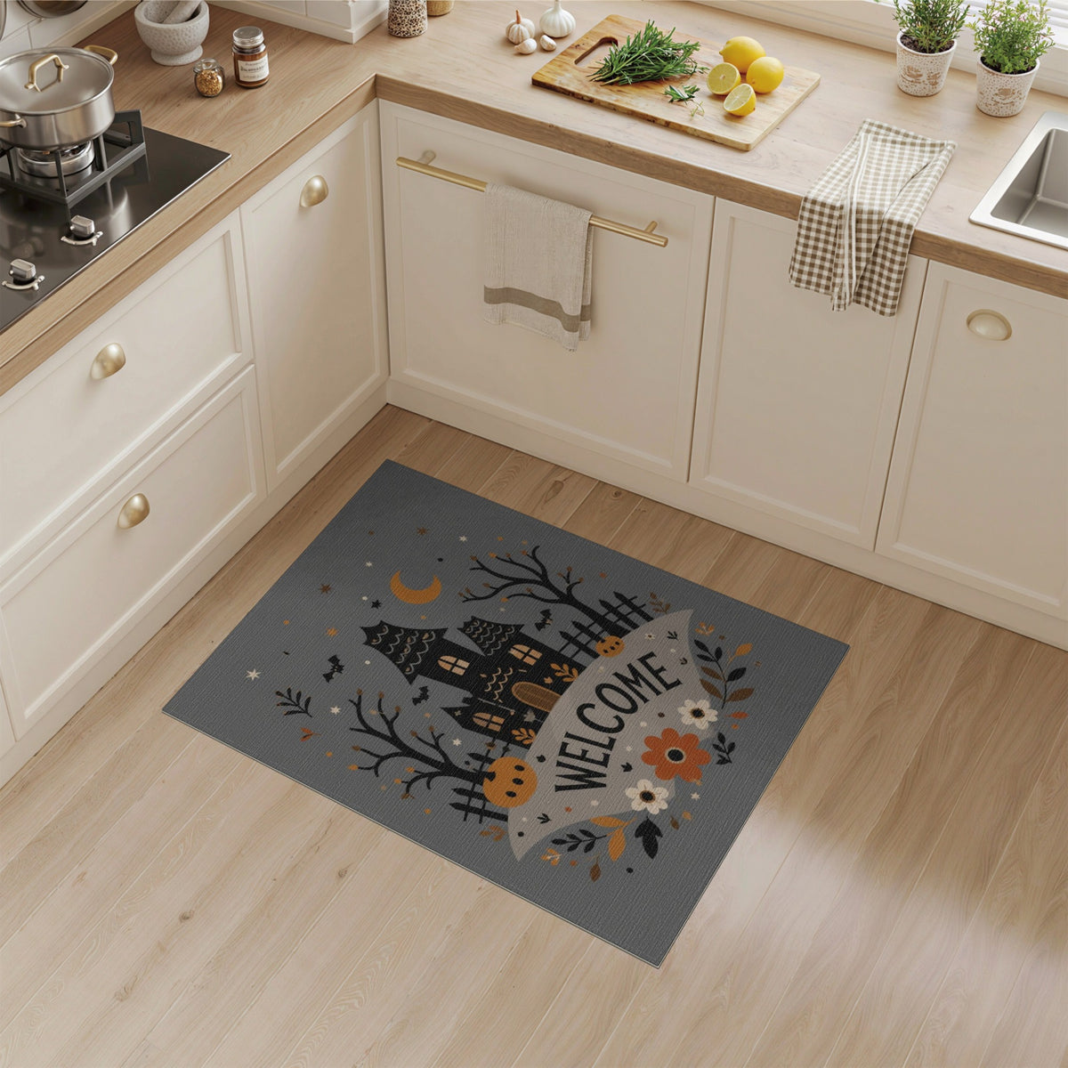 Halloween Haunted House Welcome Grey Rug