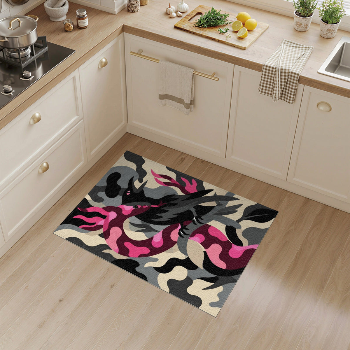 Pink Serpent Raven Abstract Area Rug