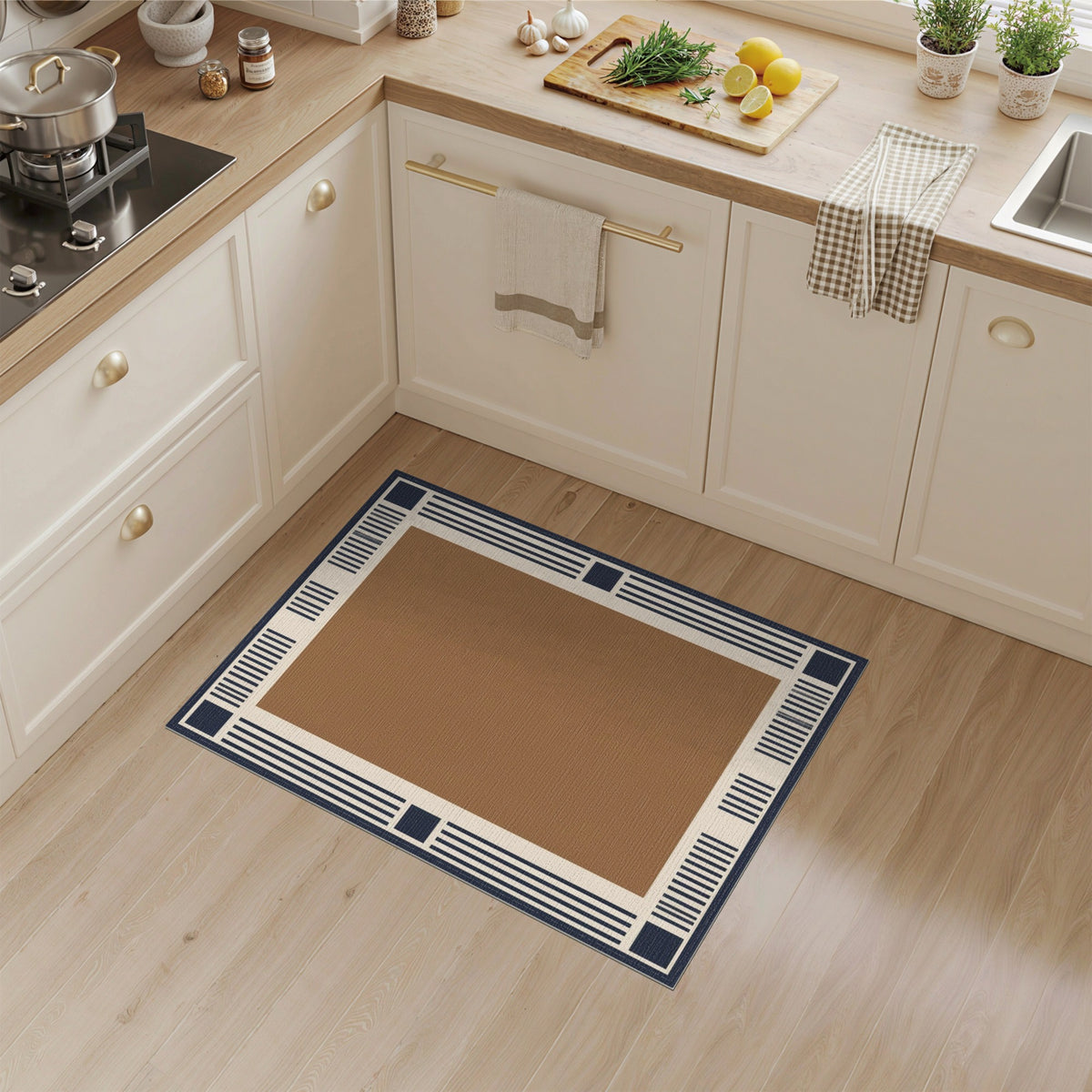 Geometric Brown Navy Border Area Rug