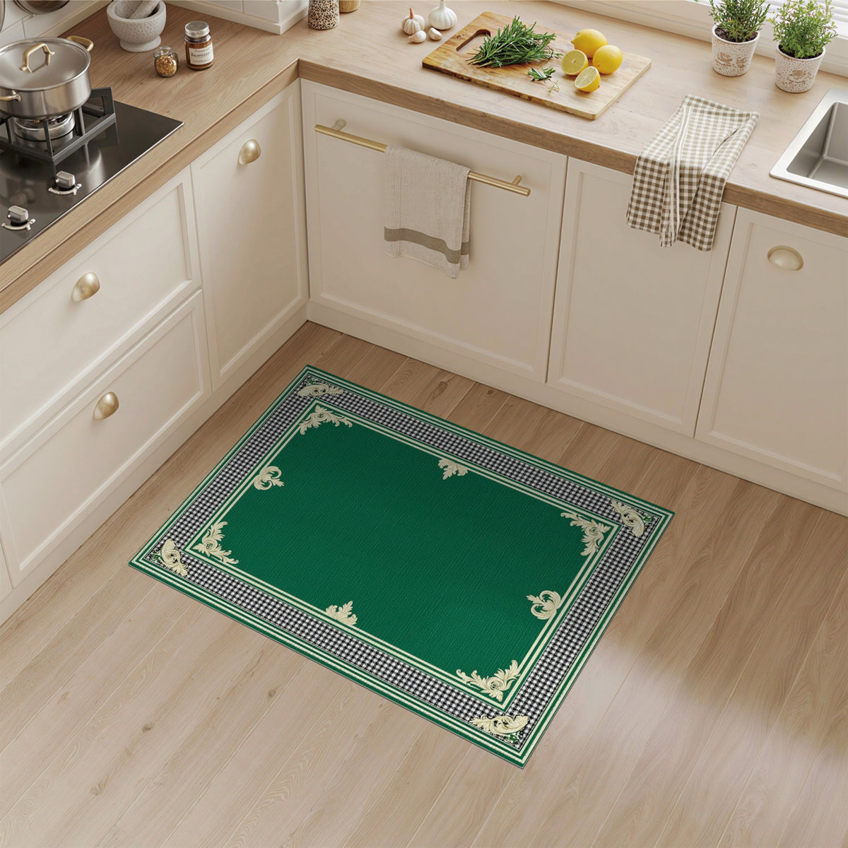 Green Ornate Border Traditional Area Rug