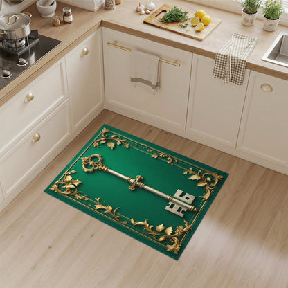 Ornate Gold Key Green Area Rug