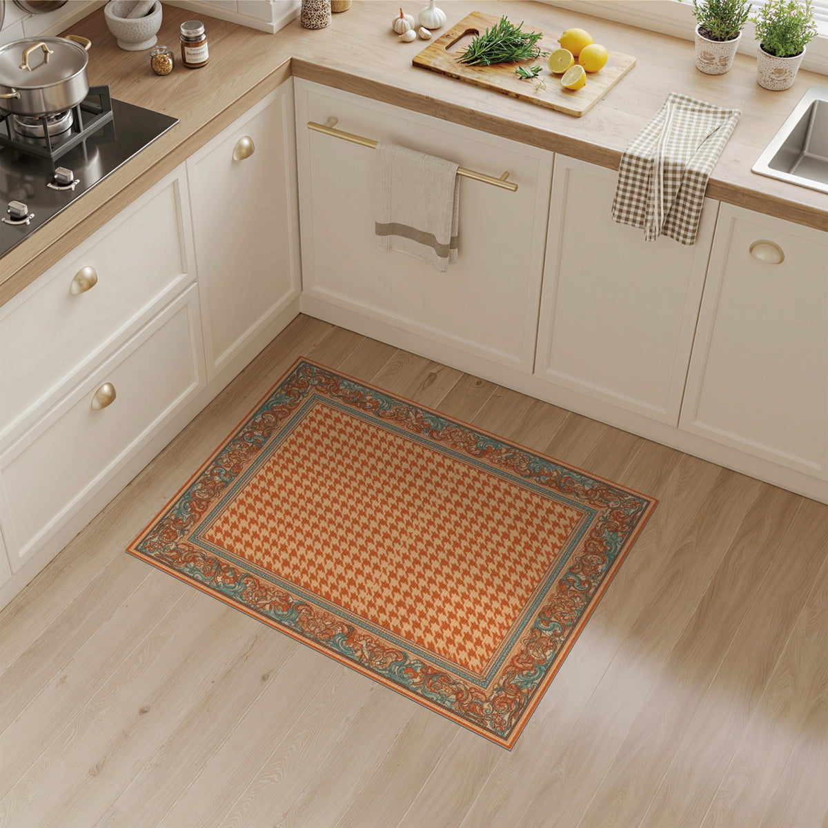 Orange Houndstooth Bordered Area Rug