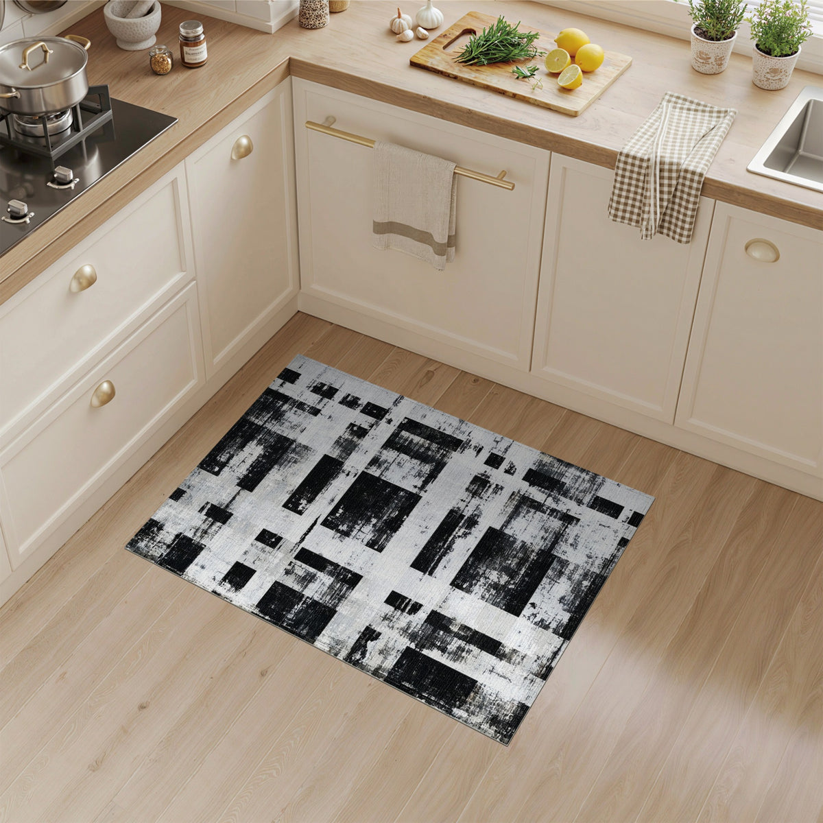 Black White Distressed Abstract Area Rug