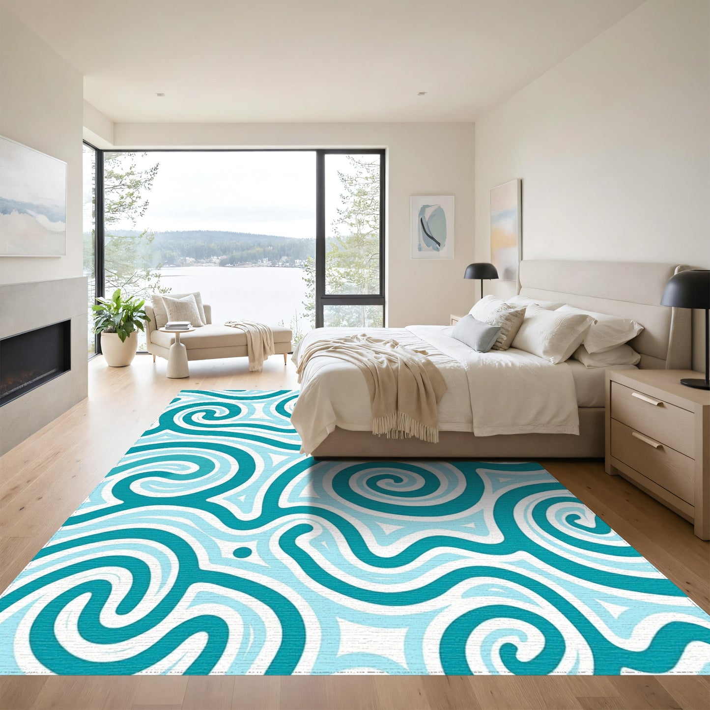 Teal Abstract Swirling Curls Rug