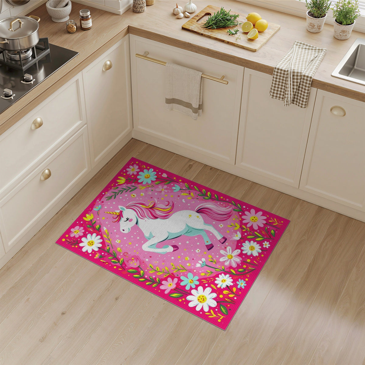 Pink Unicorn Floral Kids Area Rug