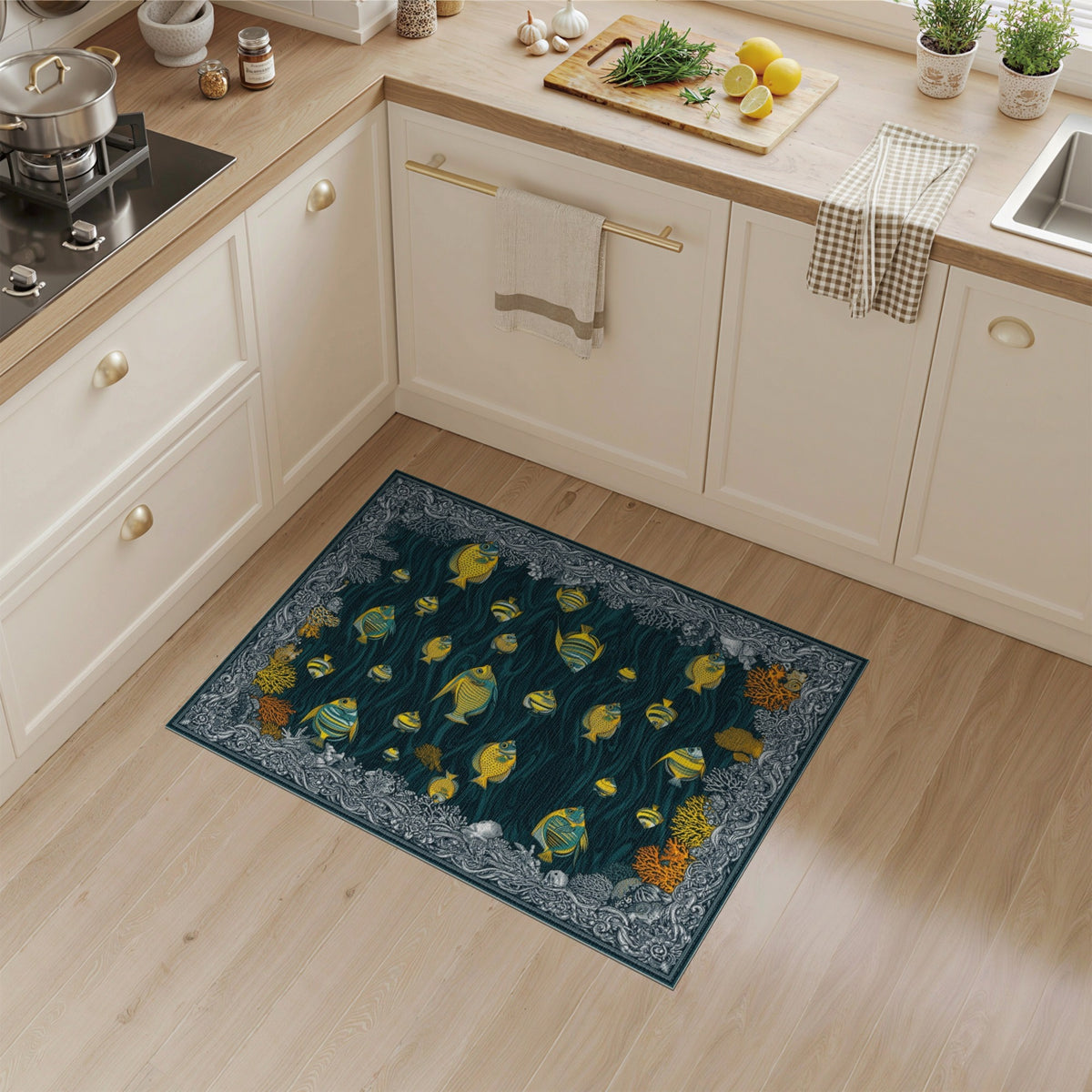 Blue Teal Yellow Fish Coastal Area Rug