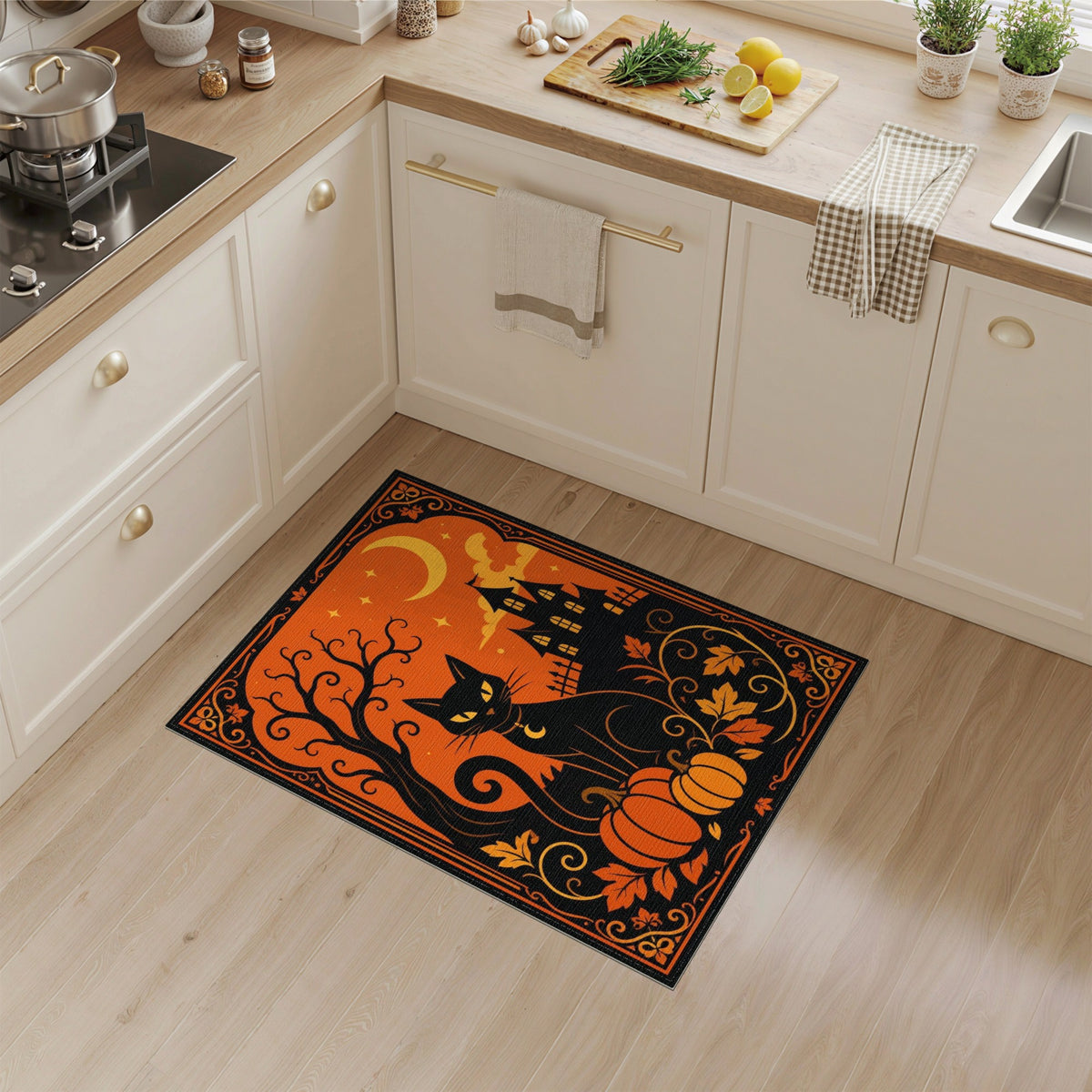 Orange Black Cat Pumpkin Halloween Orange Area Rug