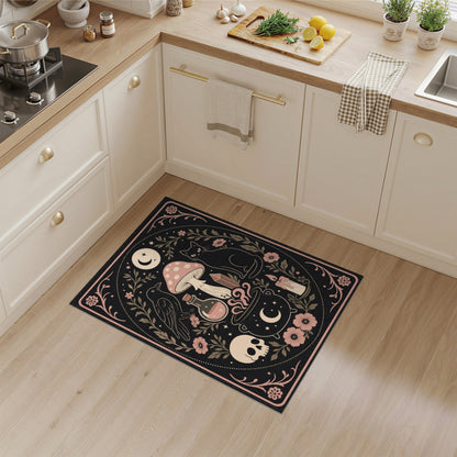 Black and White Mystical Black Cat Cauldron Area Rug