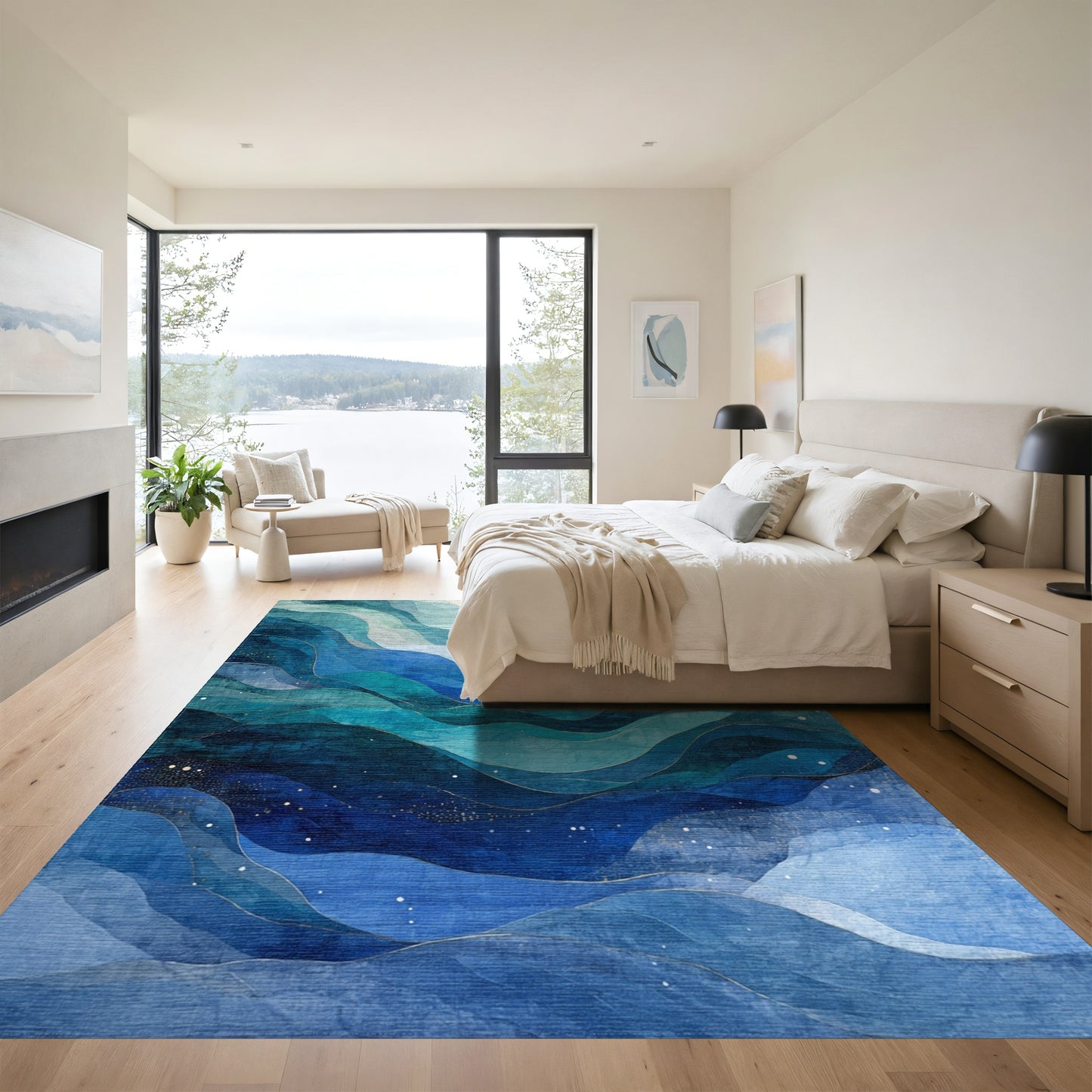 Teal Blue Layered Waves Rug