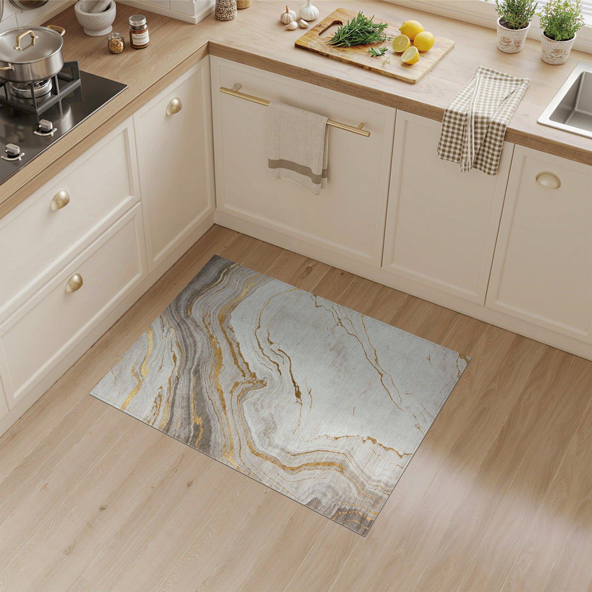 White Gold Marble Swirl Area Rug
