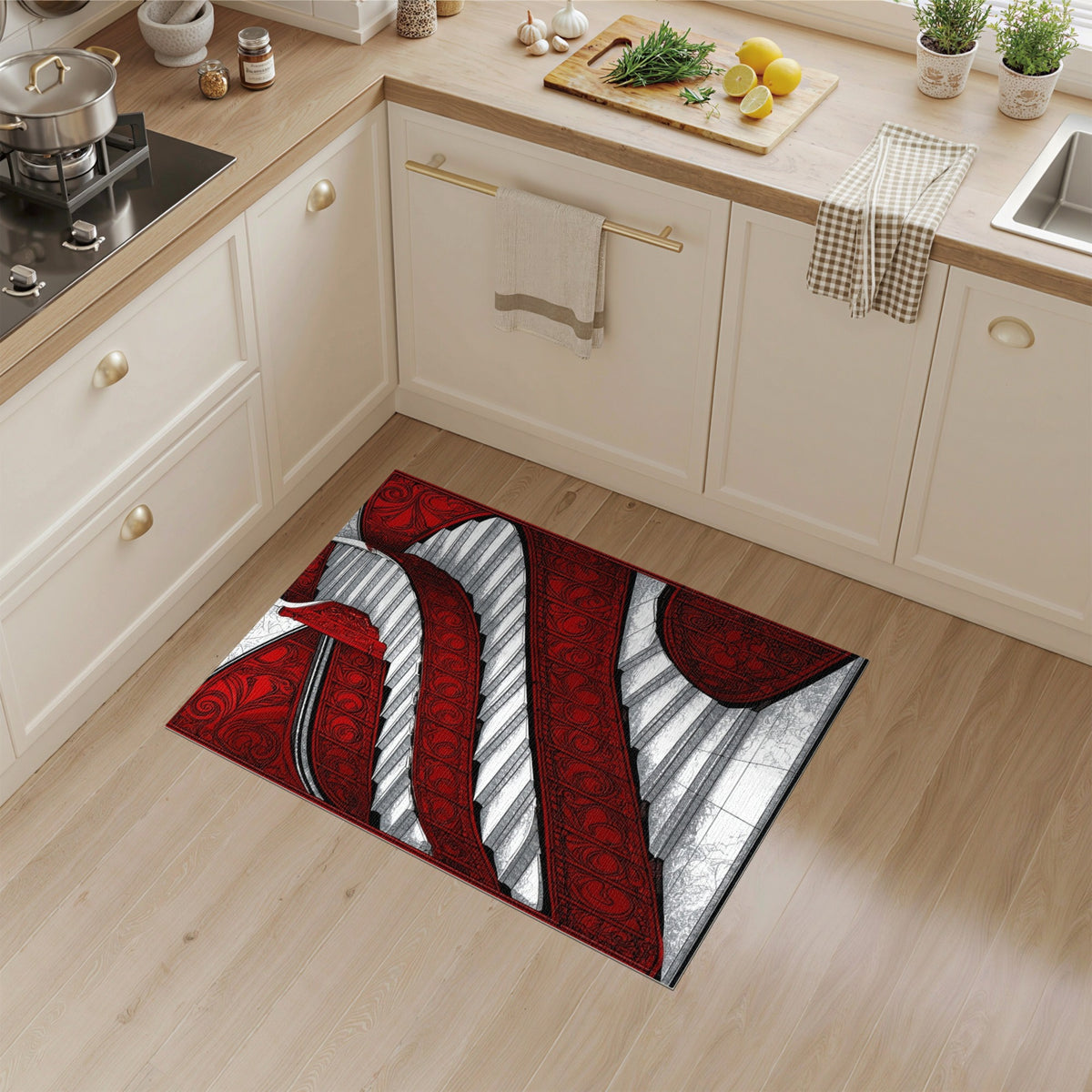 Red Ornate Staircase Area Rug