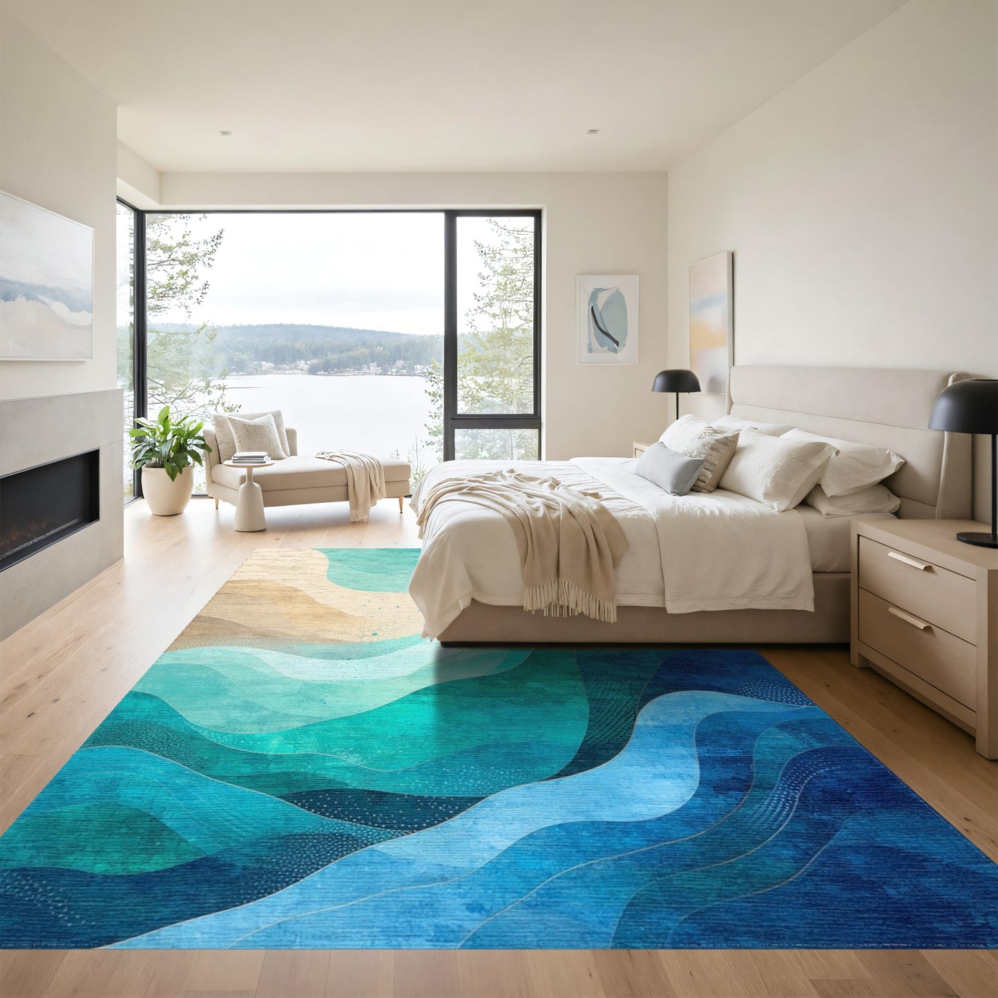 Teal Blue Abstract Wave Rug
