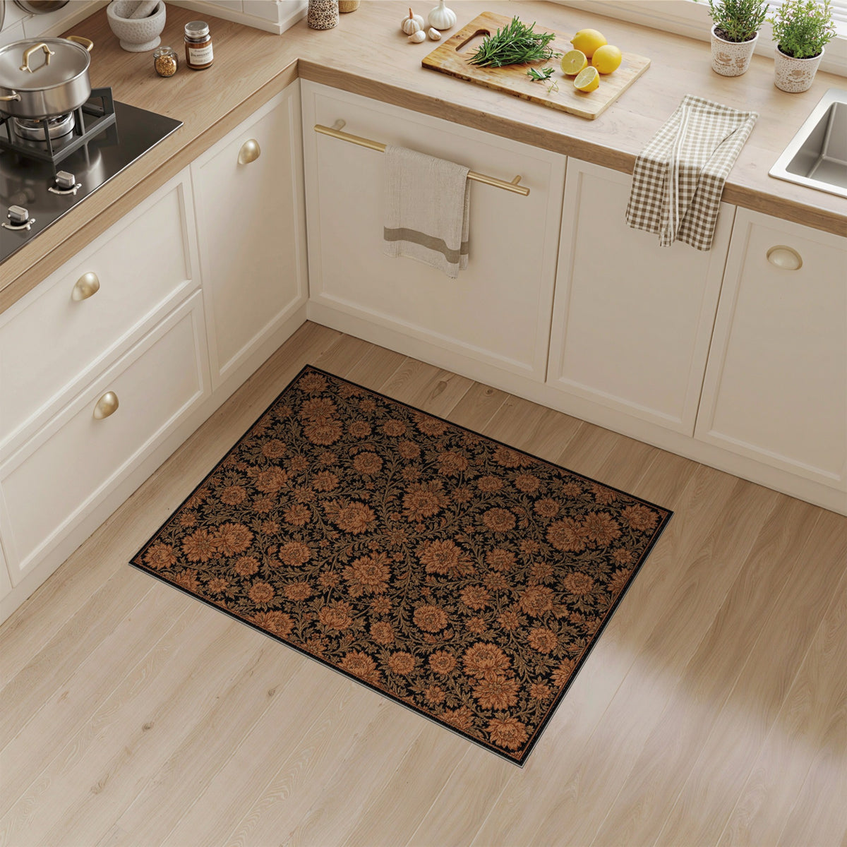 Vintage Orange Floral Area Rug on Black