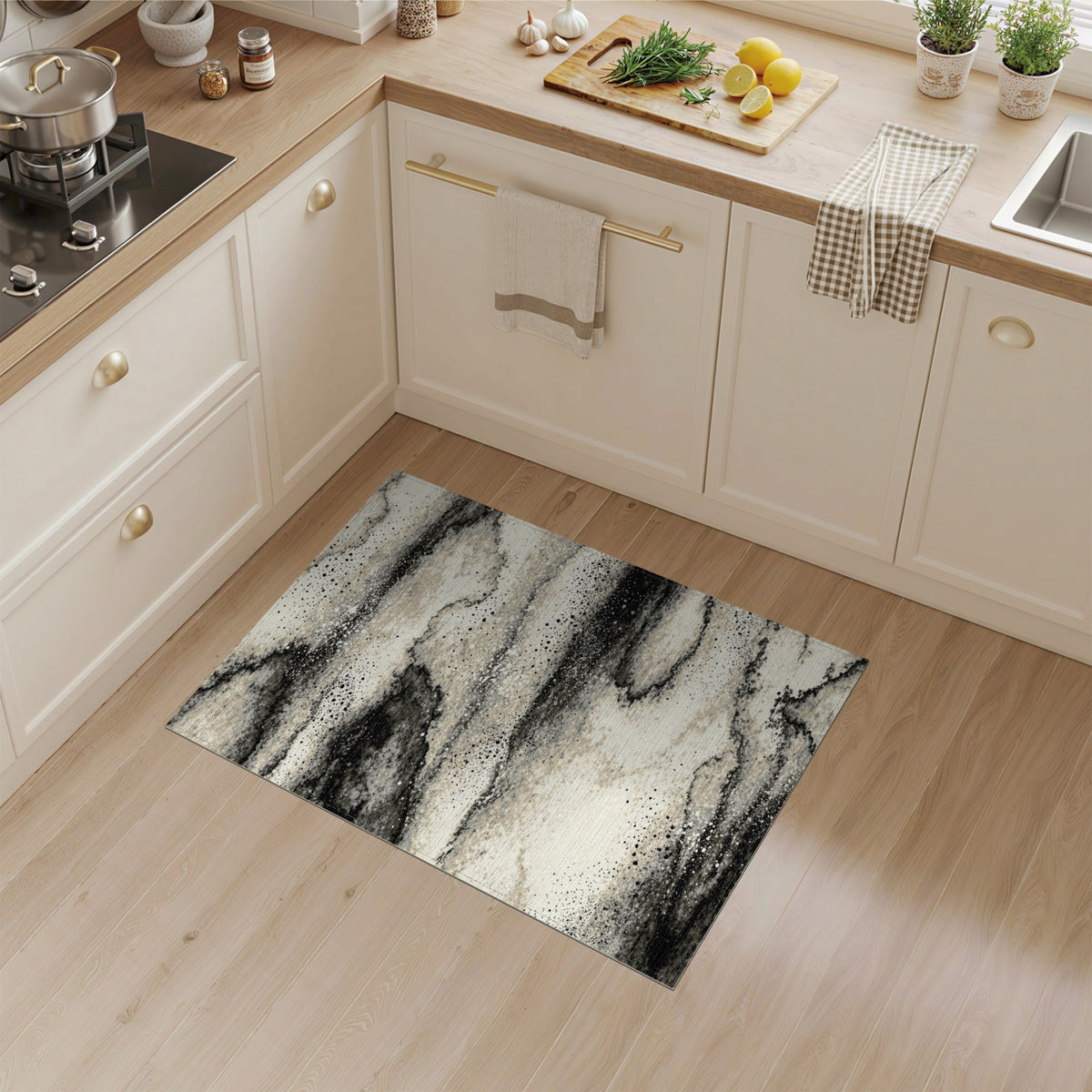 Black White Abstract Marble Area Rug