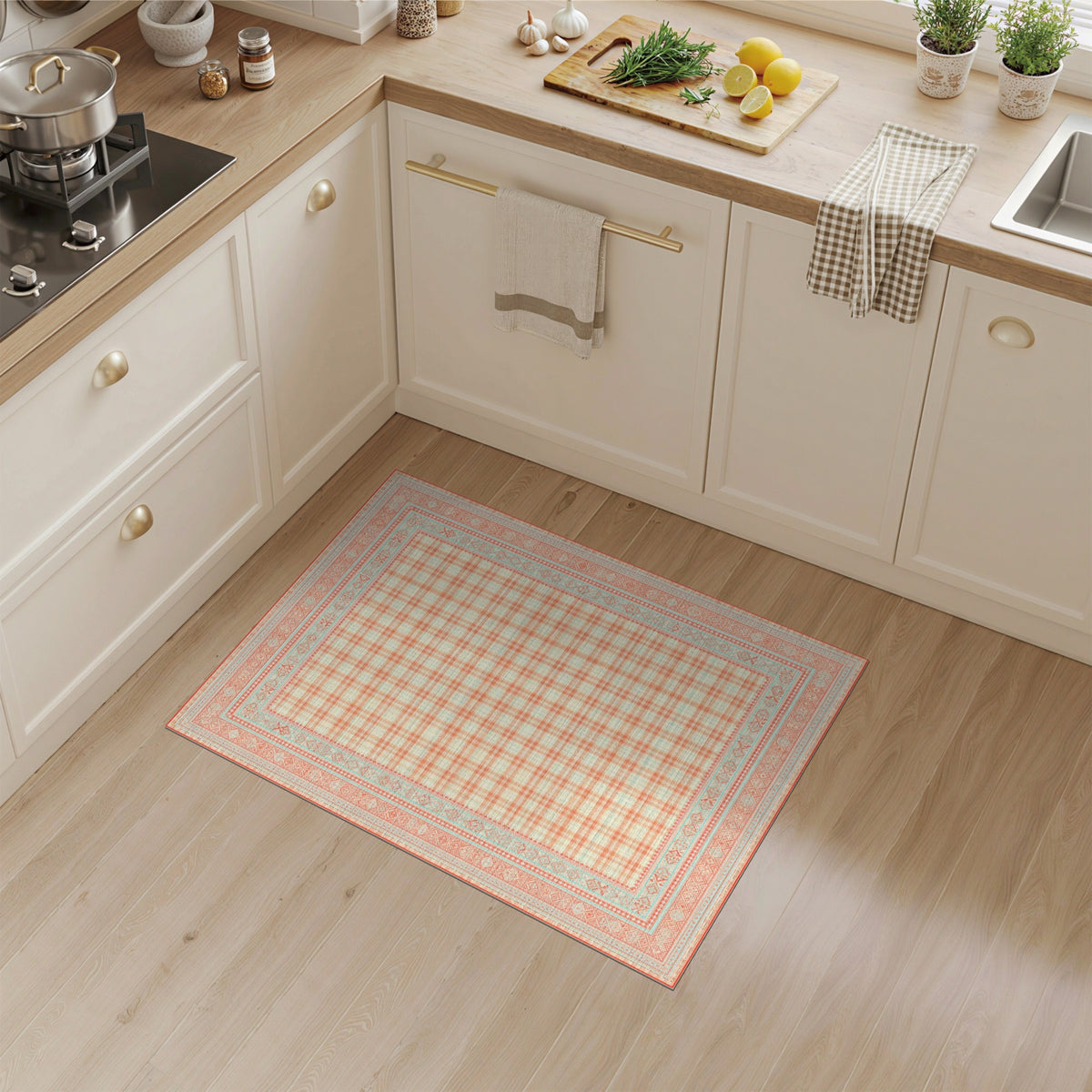 Orange Gingham Area Rug with Teal Border