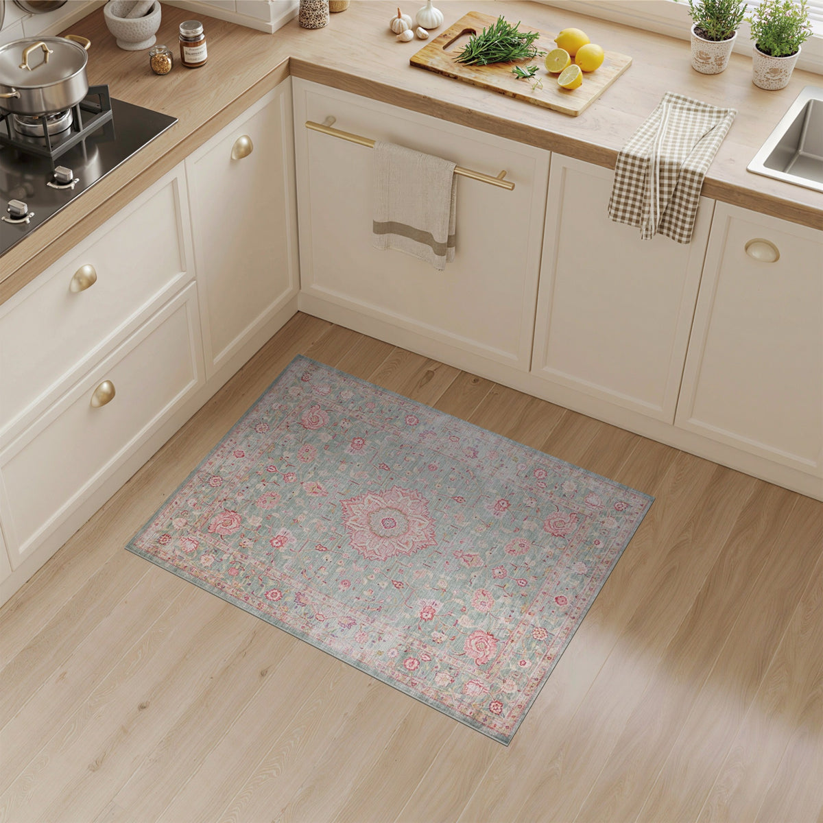 Floral Vintage Teal Pink Rose Floral Vintage Area Rug