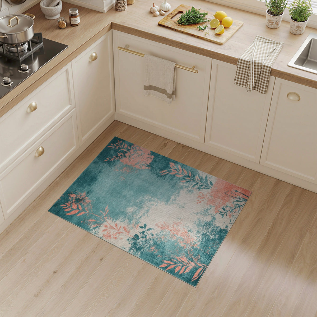 Distressed Teal Coral Leaf Area Rug