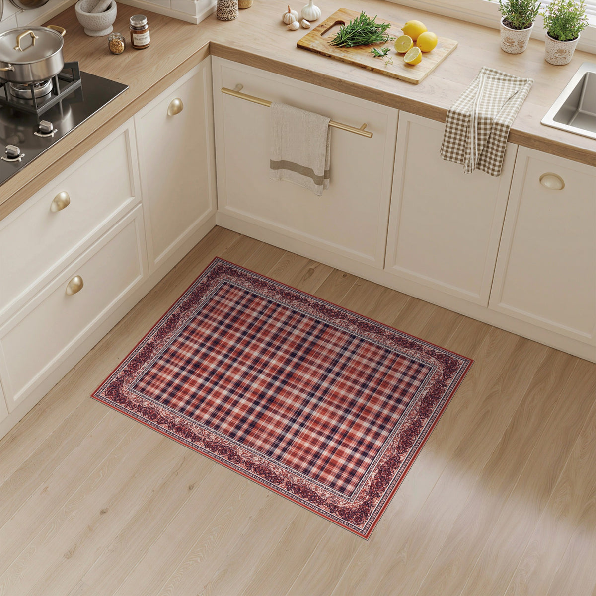 Red Plaid Vintage Border Area Rug