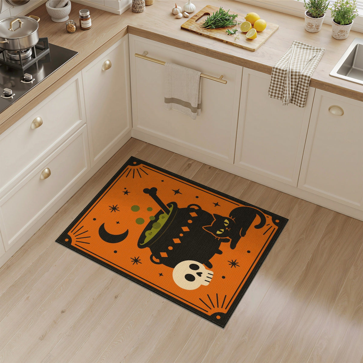 Halloween Cauldron Black Cat Orange Area Rug