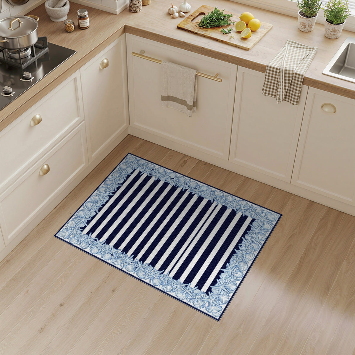 Navy Striped Coastal Area Rug with Seashell Starfish Border