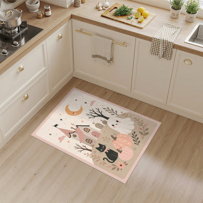 Beige and Neutral Whimsical Halloween Ghost Cat Area Rug