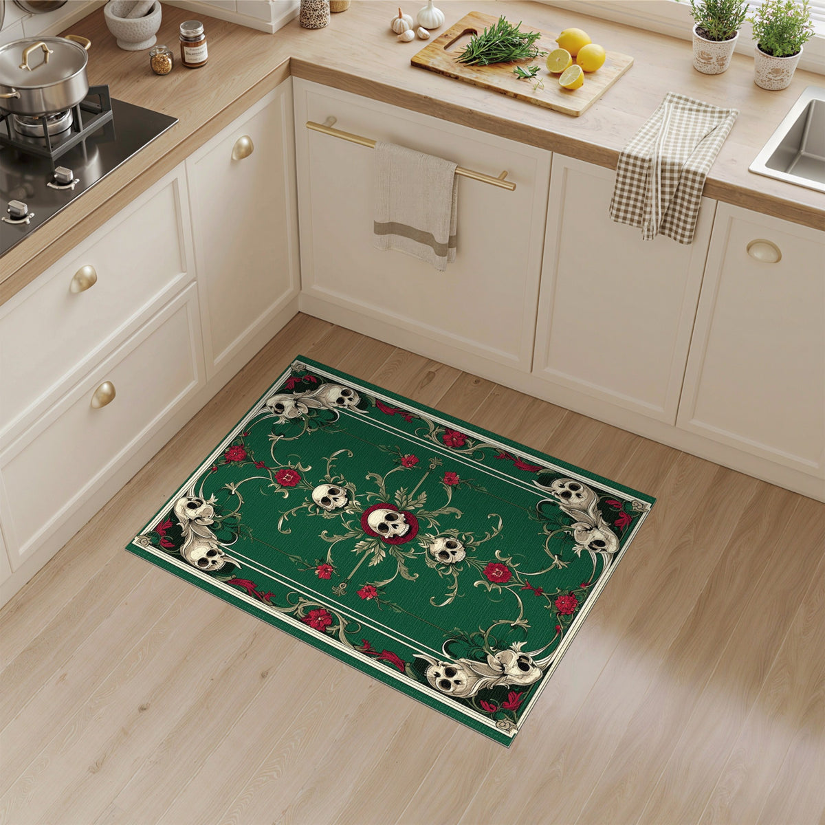 Dark Green Skull Floral Area Rug