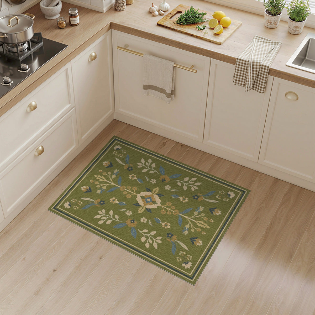 Green Floral Vintage Area Rug