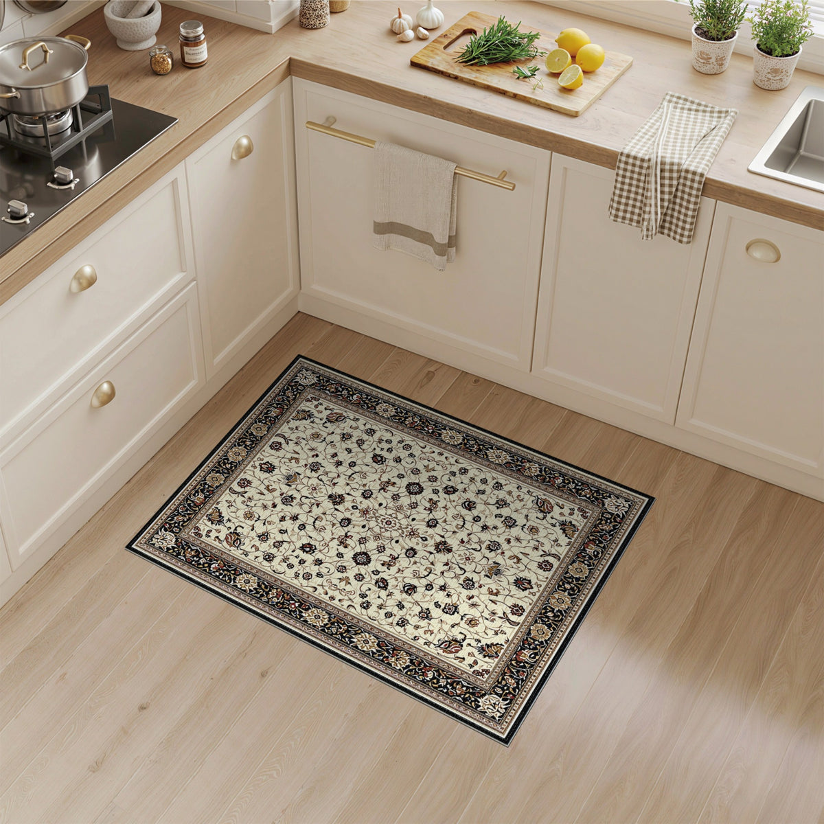 Traditional Persian Beige and Neutral Beige Persian Floral Area Rug