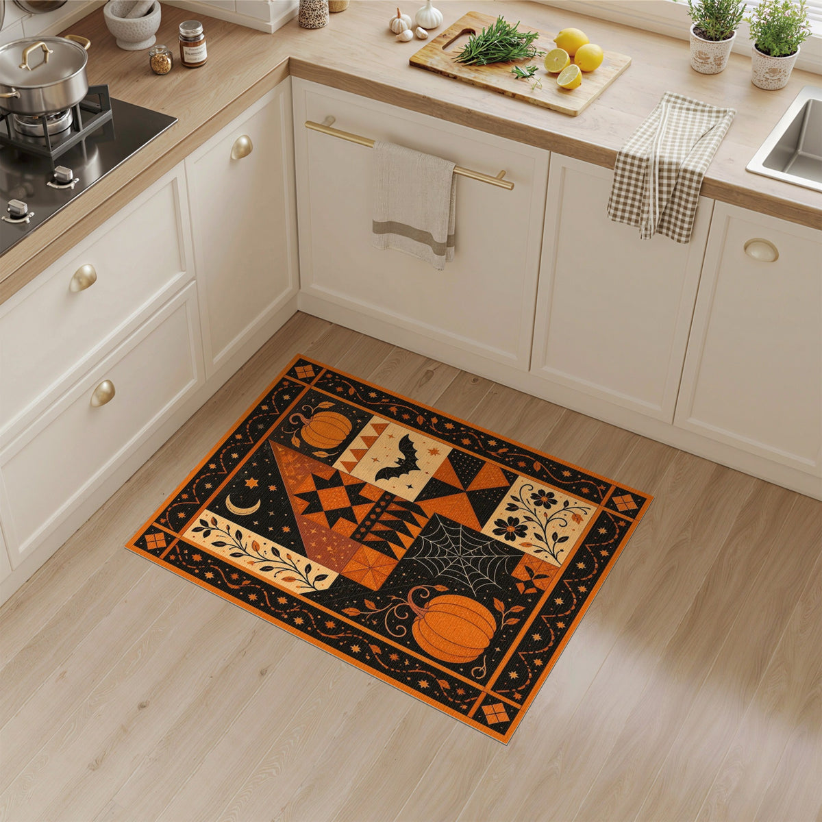 ODIKA Orange Pumpkin Bat Patchwork Area Rug