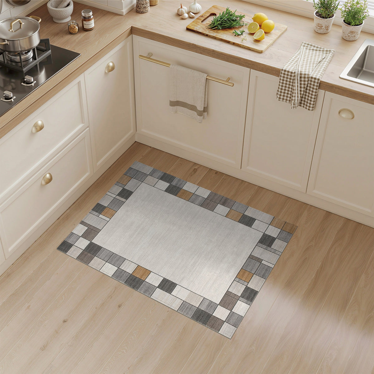 Beige Geometric Border No. 4 Area Rug