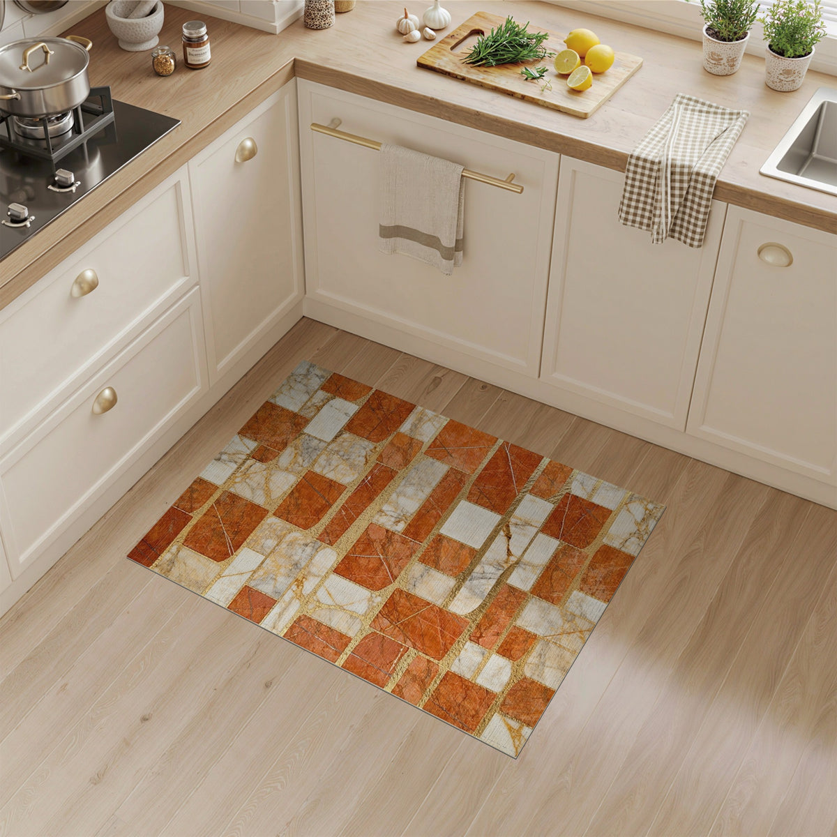 Orange Marble Geometric Mosaic Area Rug