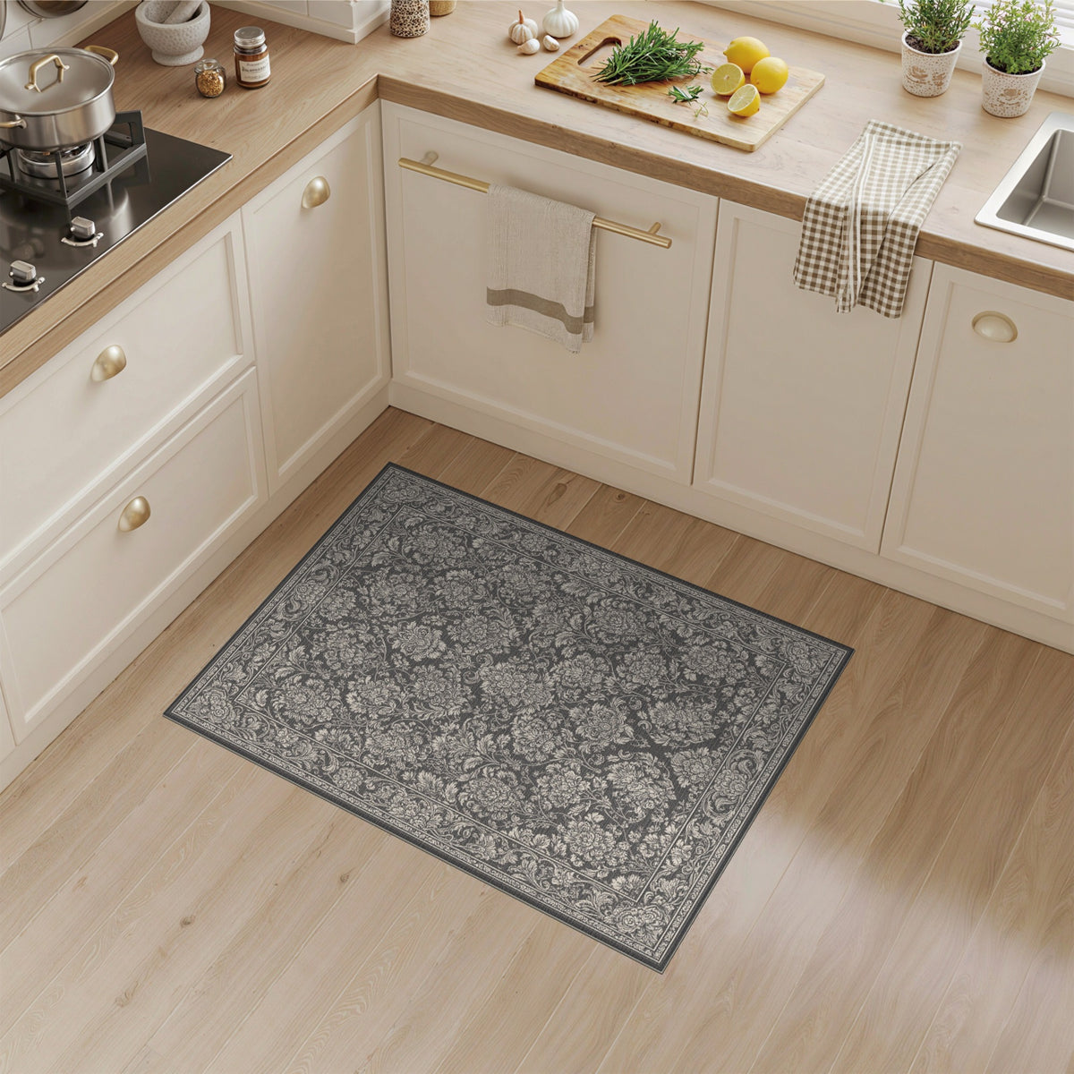 Black White Floral Vintage Area Rug