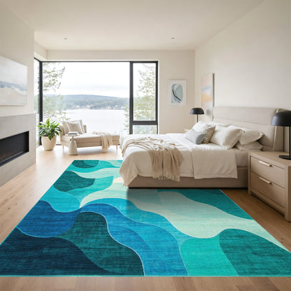Teal Layered Waves Rug