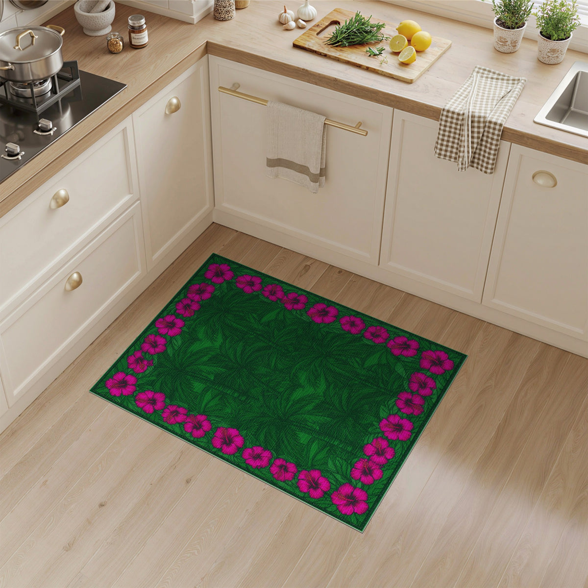 Green Palm Tree Pink Hibiscus Border Area Rug