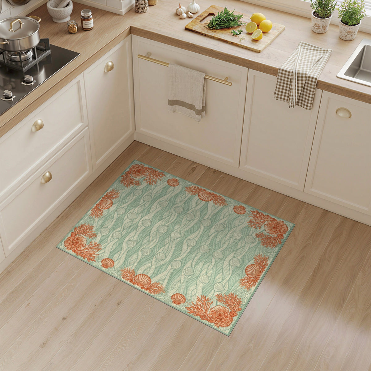 Teal Coastal Seashell Coral Area Rug