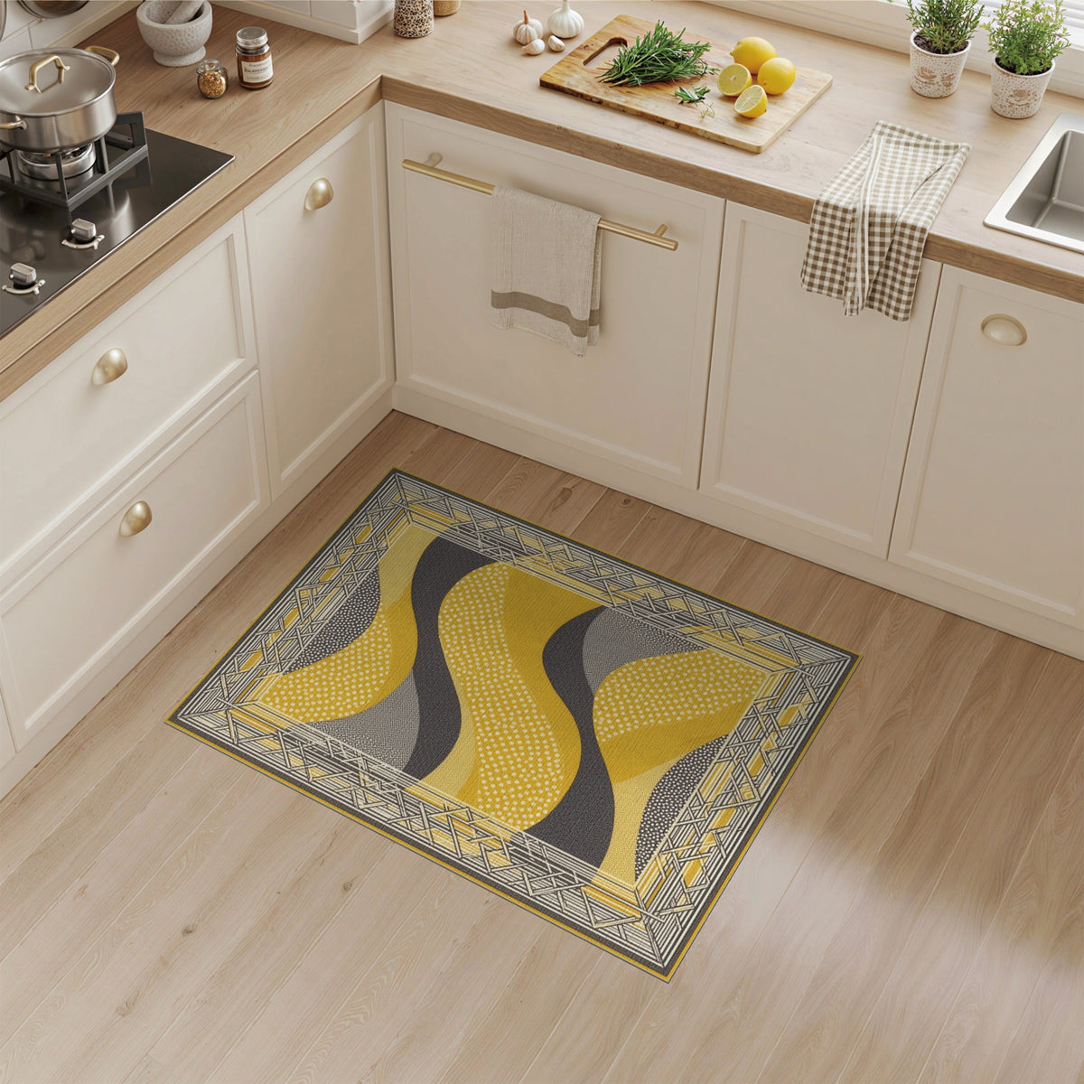 Geometric Modern Yellow Geometric Wave Area Rug