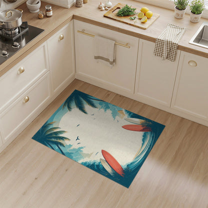 Blue and Teal Coastal Beach Surfboard Washable Area Rug