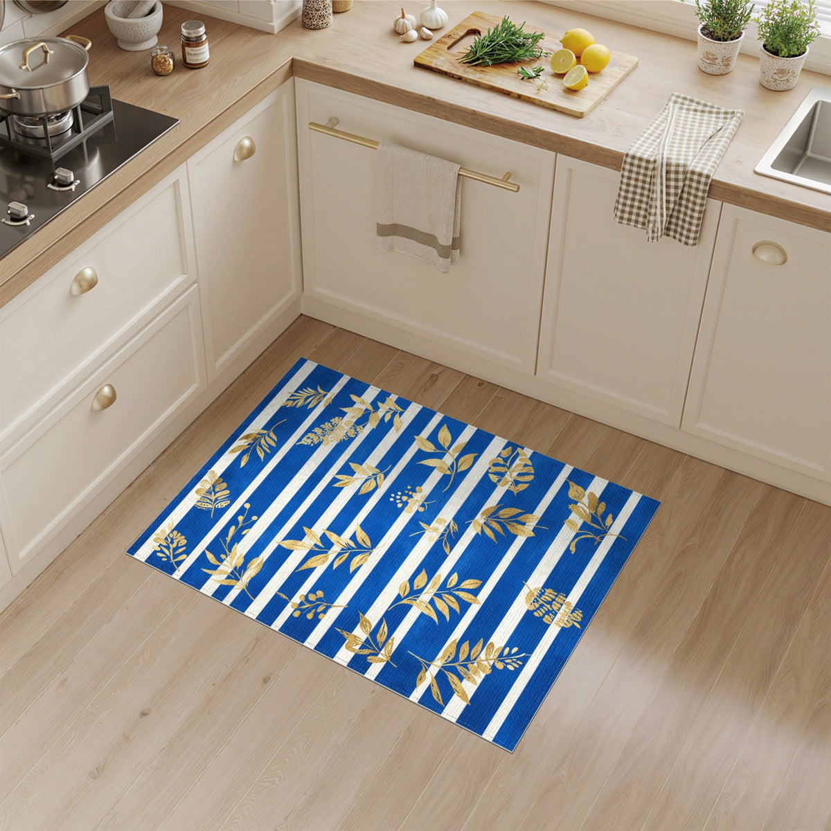 Blue Striped Gold Leaf Washable Area Rug