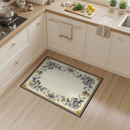 Grey Floral Vintage Border Washable Area Rug